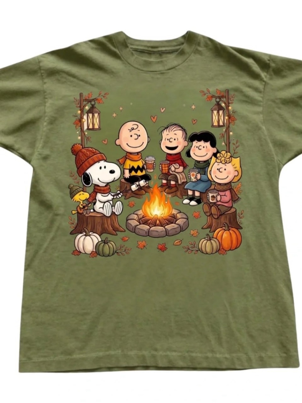 Military Green Peanuts Campfire Graphic Tee